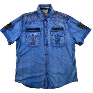 Affliction Shirt Men XL Blue Y2K Black Premium Embroidered Military Patch Zipper